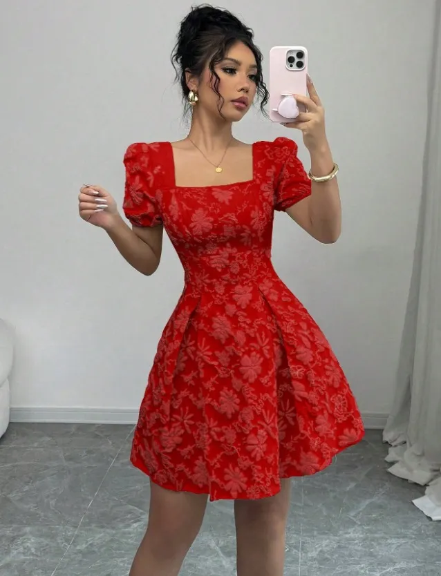 Elegant Jacquard Solid Color Puff Sleeve Square Neck Dress Red - Shop at LoveMi