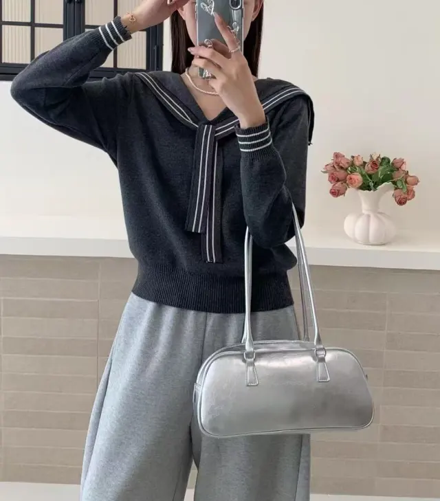 Sailor Collar Lace up Striped Knitted Coat Women's Sweater Gray - Shop at LoveMi