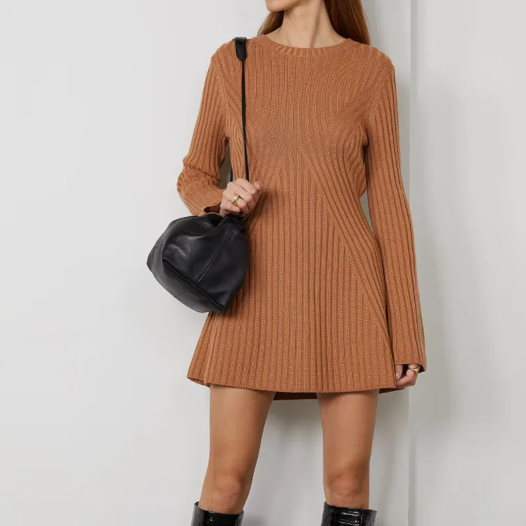 Women's Long-sleeved Knitted Dress Solid Color Casual Wool Woolen Skirt - Dark Brown
