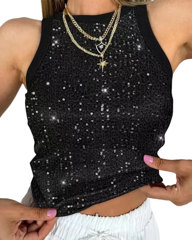 Sexy Cropped Sleeveless Sequin Leopard Print Vest Black - Shop at LoveMi