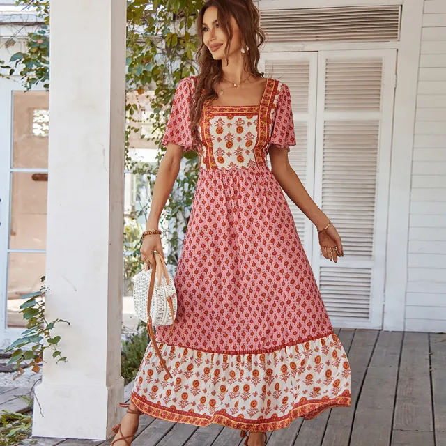 French Print Vacation Style Square Collar Dress Pink - Shop at LoveMi