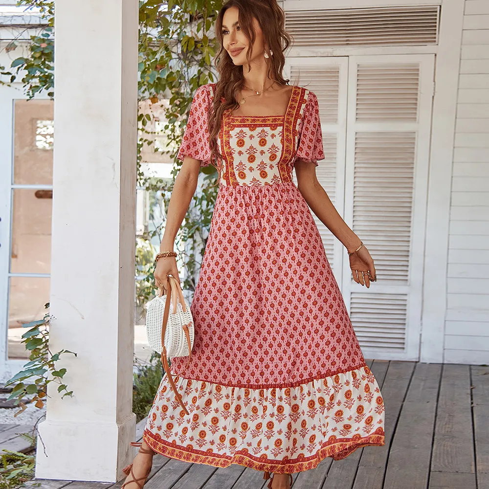 French Print Vacation Style Square Collar Dress - Pink