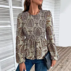 Women's Top Smocking Slim Fit Round Neck Long Sleeves Printed - Brown - View 1
