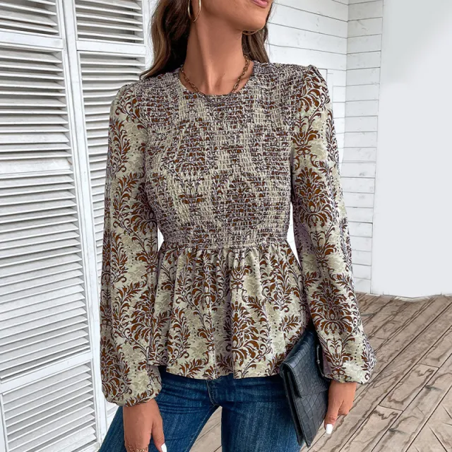 Women's Top Smocking Slim Fit Round Neck Long Sleeves Printed Brown - Shop at LoveMi
