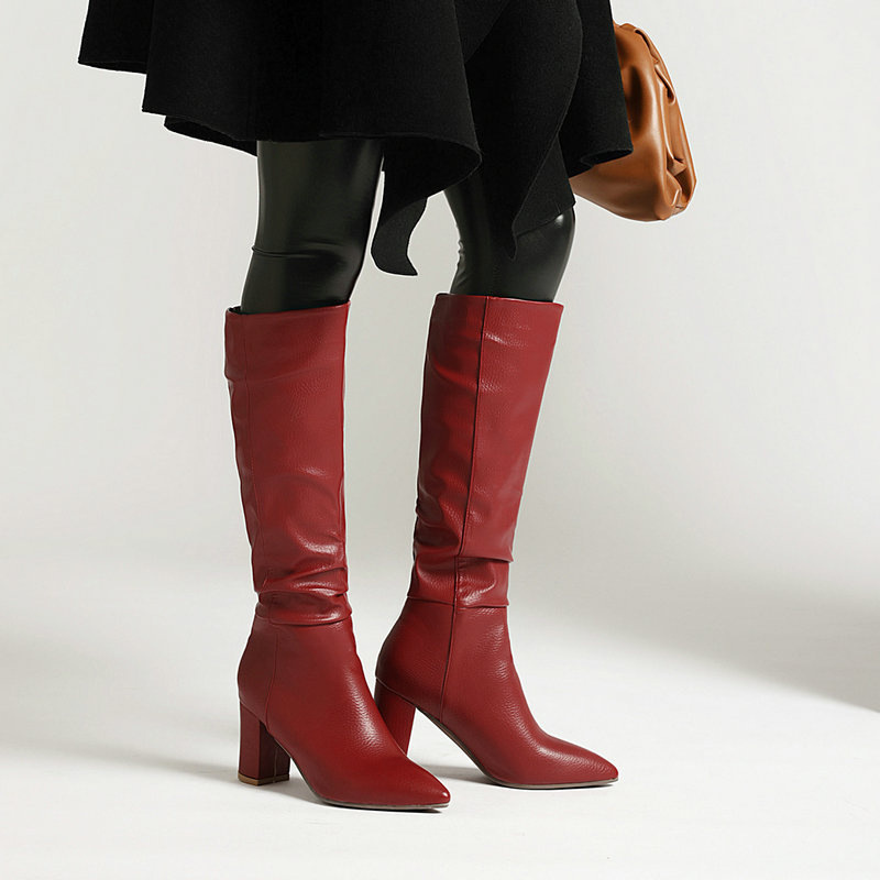 Womens Fleece-Lined Mid-Calf Pointed-Toe Chunky-Heel Boots