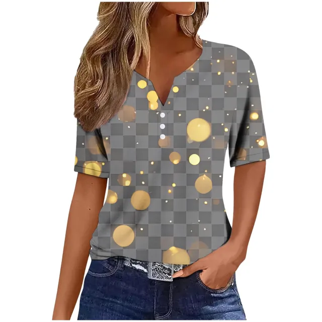 Women's Sequin Stitching Floral Three button V neck Short Sleeve Jyq449106 - Shop at LoveMi