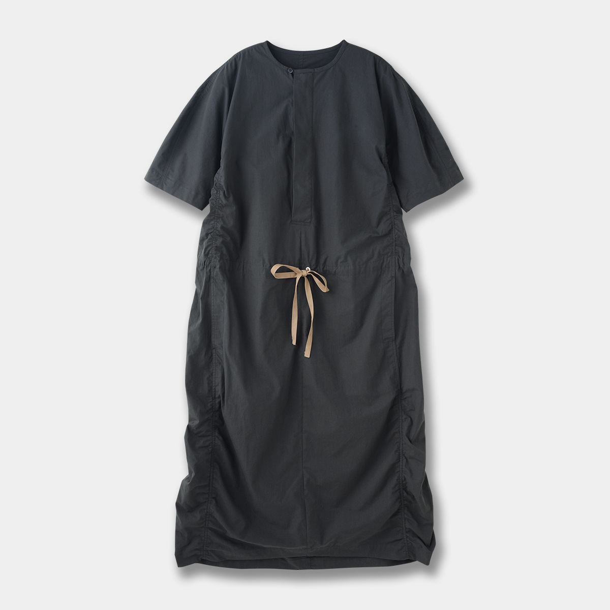 French Parachute Drawstring Waist Dress Round Neck