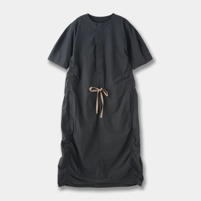 French Parachute Drawstring Waist Dress Round Neck Carbon Black - Shop at LoveMi