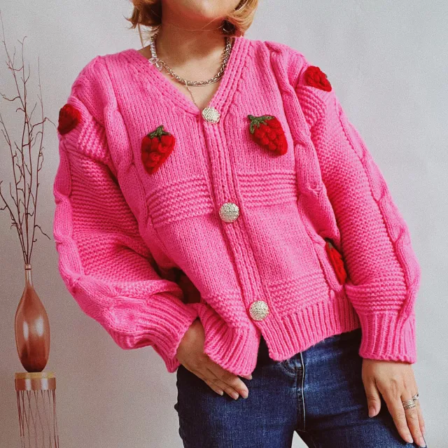 Women's Fashion Casual Loose Strawberry Embroidery Single breasted Sweater Pink - Shop at LoveMi