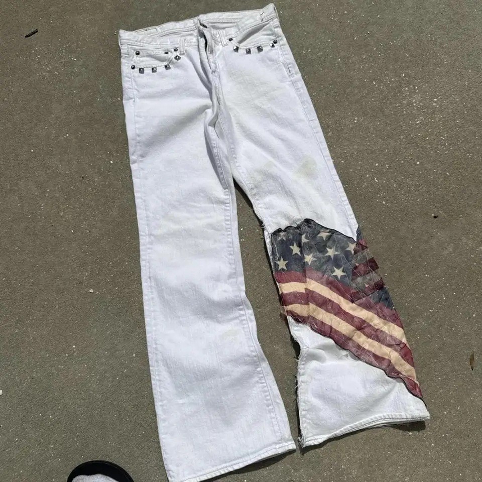 Mens Flag-Patchwork-Button Plus-Size Jeans