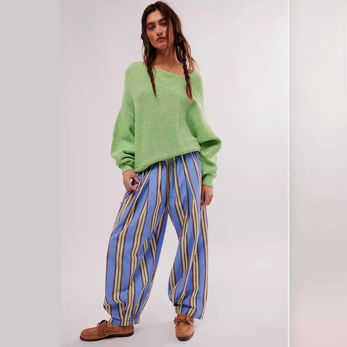 Printed Striped Elastic Waist Casual Hip Hop Style Skinny Pants