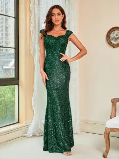 Green Suspenders Mid Waist Party Evening Dress - Green - View 1