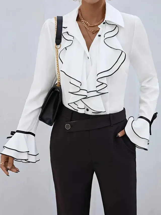 Solid Color Casual Ruffled Flared Sleeve Shirt Top White - Shop at LoveMi