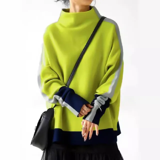 Long Sleeve Contrast Color Slit Turtleneck Hoodie And Sweatshirt Fluorescent Green - Shop at LoveMi