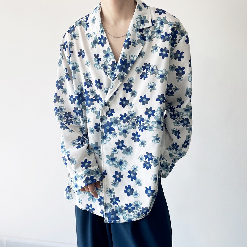 Lightly Mature Textured Ink-wash Painting-inspired Retro Suit-collar Shirt