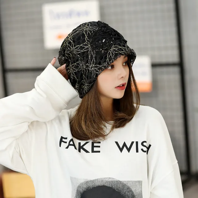 Polyester Lace Three Flowers Toque Sweet Temperament Sleeve Cap Black - Shop at LoveMi