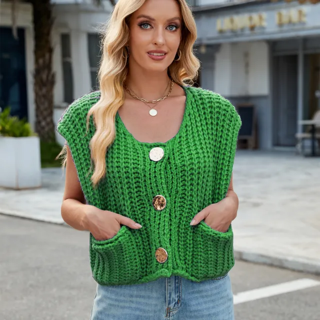 Women's V neck Three button Sleeveless Cardigan Fresh Green - Shop at LoveMi