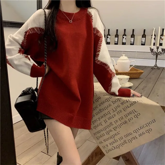 Versatile Red Loose fitting Sweater New Design Slimming Contrast Color Red - Shop at LoveMi