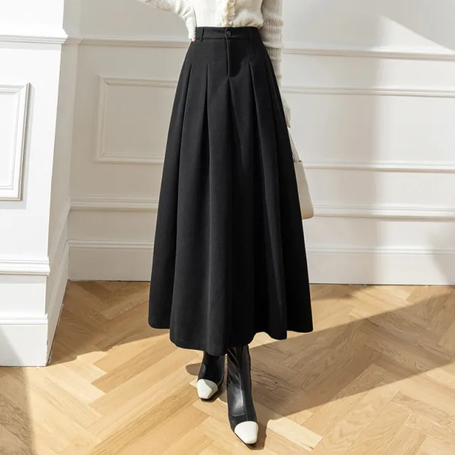 High Waist Korean Style Large Swing Pleated Slimming Woolen Long Skirt Black - Shop at LoveMi
