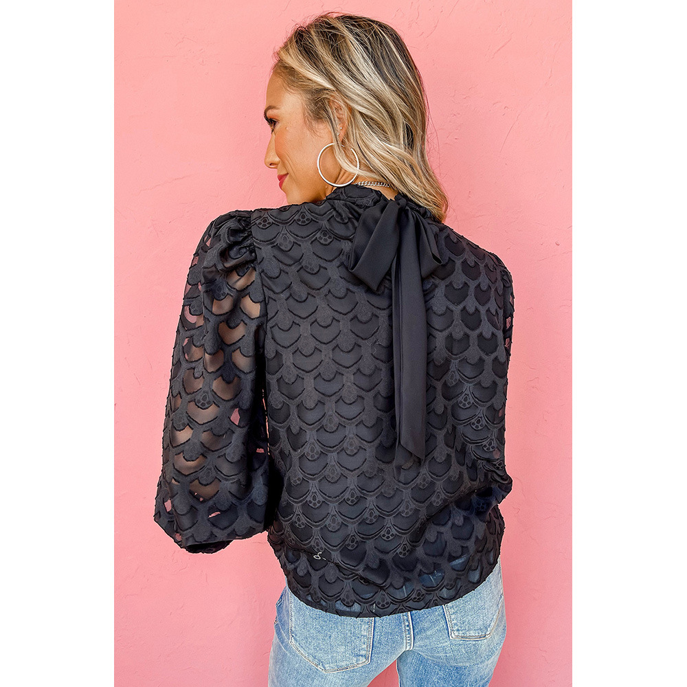 Women's Black Tie Small Stand Collar Puff Sleeve Chiffon Shirt