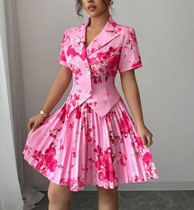 New Springautumn Womens Fashion Versatile Set Elegant Floral print Casual Two piece Outfit Pink - Shop at LoveMi