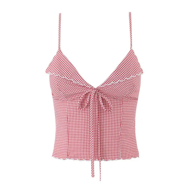 European And American Style V neck Embroidery Plaid Sling Small Tank Top Women Red And White Plaid - Shop at LoveMi