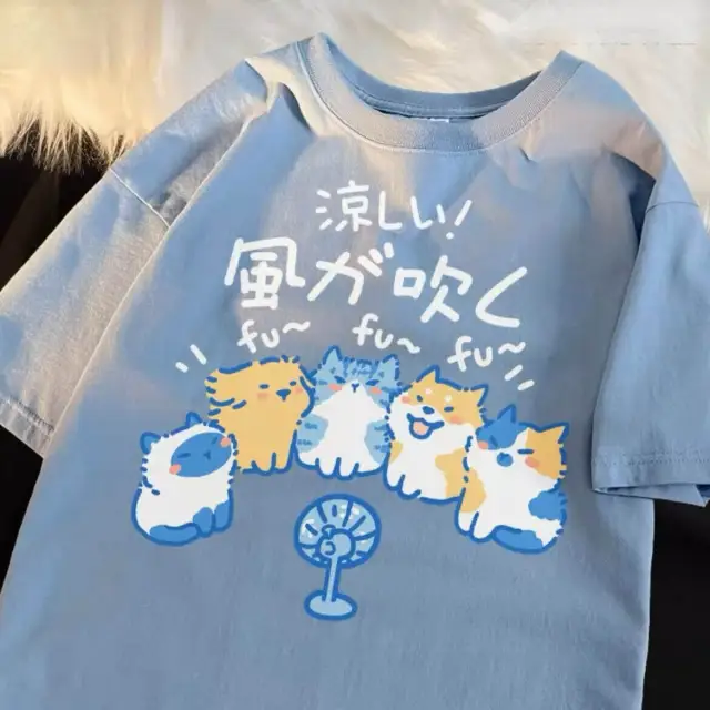 Cartoon Printed Loose Short Sleeve T shirt Blue - Shop at LoveMi
