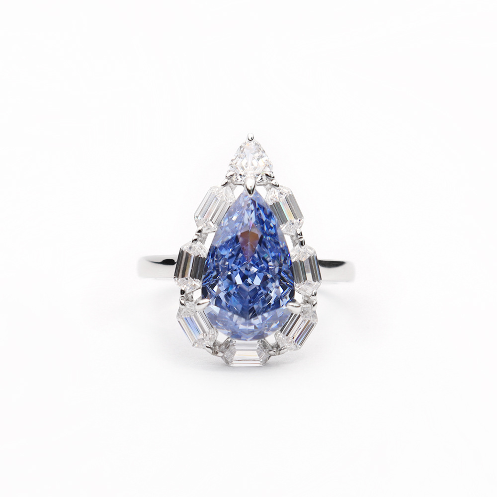 Water Drop Ice Flower Cut Synthetic Blue Diamond 925 Silver Bright Blue High Carbon Diamond Pear-shaped Female Ring
