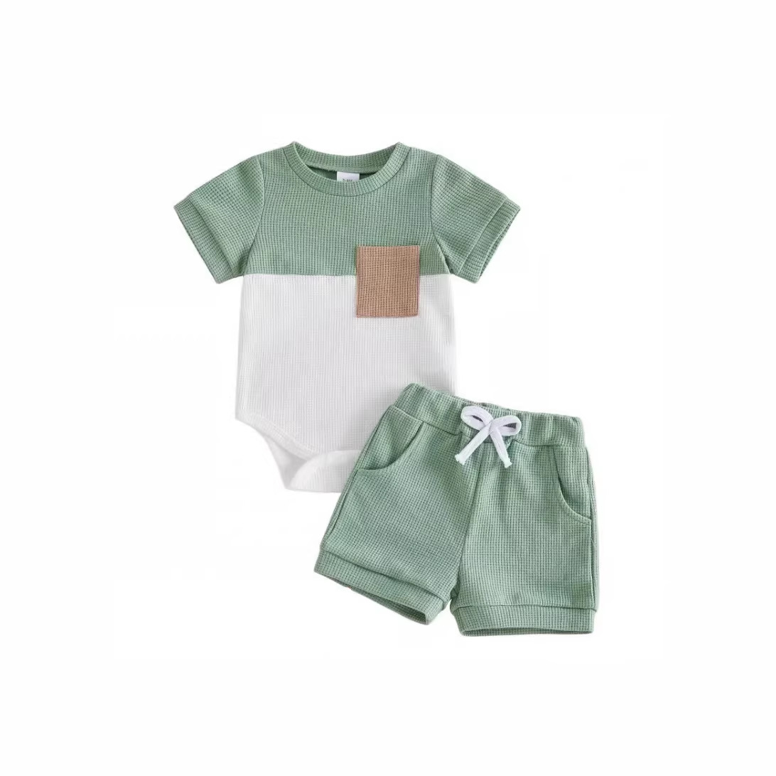 Baby And Toddler Patchwork Design Crew Neck Short-Sleeve Bodysuit Shorts Set