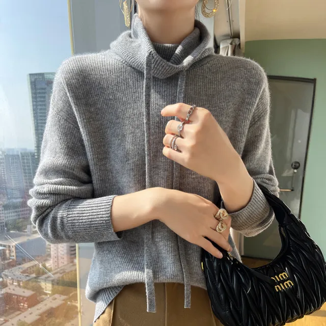 Autumn And Winter Cashmere Sweater Women's Turtleneck Drawstring Loose Thick Pullover Sweater Gray - Shop at LoveMi