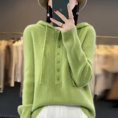 Ladies Hooded Knitted Loose Lazy Wool Coat - Fruit Green - View 1