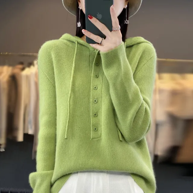 Ladies Hooded Knitted Loose Lazy Wool Coat Fruit Green - Shop at LoveMi