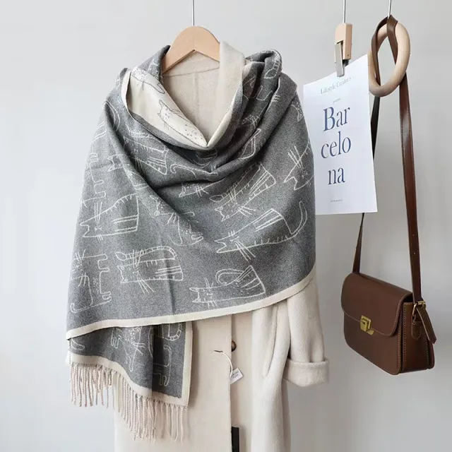 Cat Printing Thick Tassel Cashmere Shawl Warm Scarf Greige - Shop at LoveMi