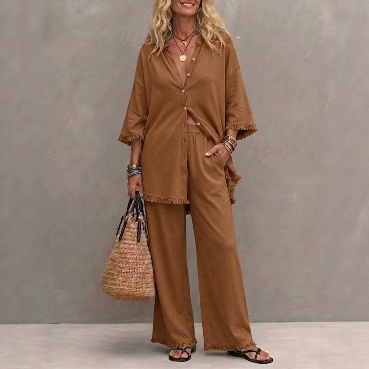 Womens Loose-fitting Top And Wide-leg Pants Two-piece Set 8
