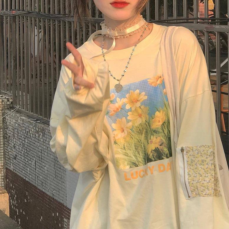 Women's Loose Preppy Style Oil Painting Printing Long Sleeve Crew Neck Sweater