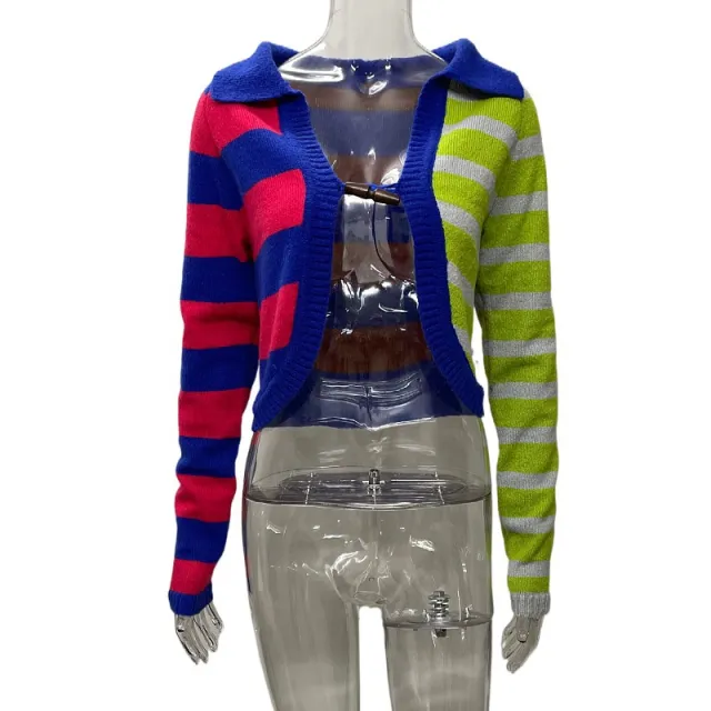 Lapel Knitwear Women's Contrast Color Striped Short Style Red - Shop at LoveMi