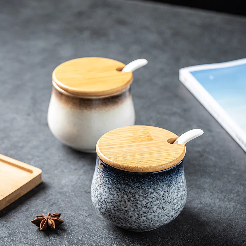 Kitchen Supplies Ceramic Wooden Lid Spoon Seasoning Bottle