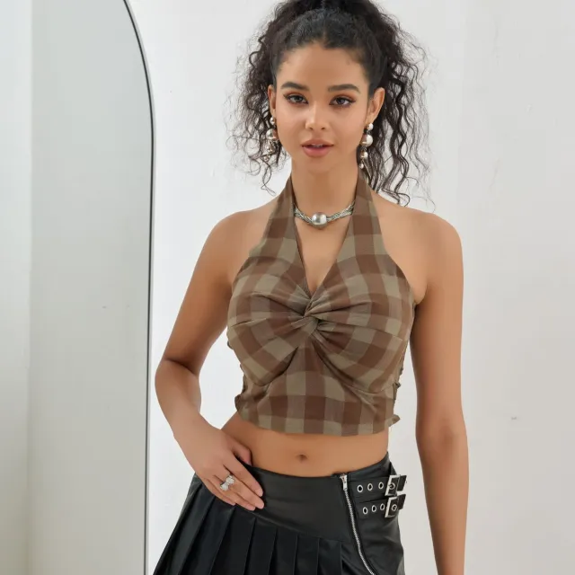 American Halter Plaid Twisted Vest Coffee - Shop at LoveMi
