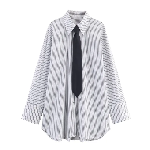 Women's Fashion Casual Loose Tie Decorated Poplin Shirt Stripes - Shop at LoveMi