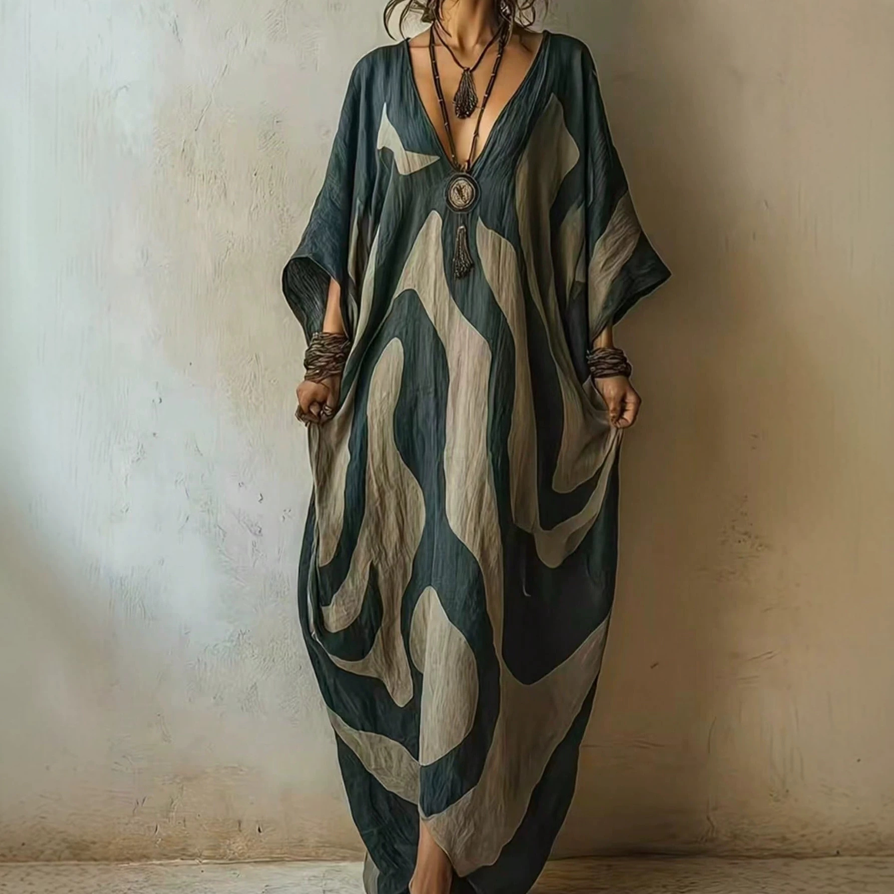 Womens V-neck, Loose-fit Figure-flattering Beach Dress With Batwing Sleeves