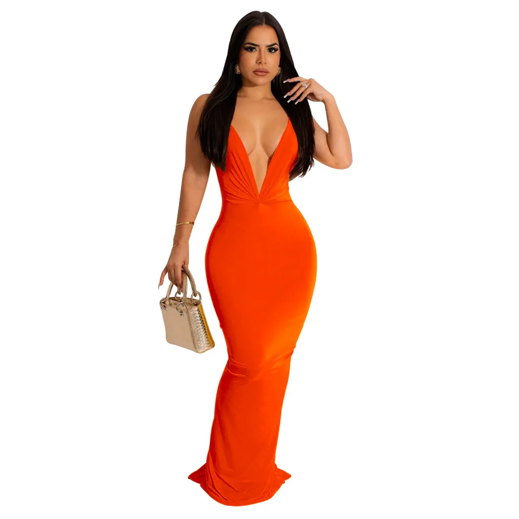 Women's Wear Solid Color Sleeveless Dress - Orange