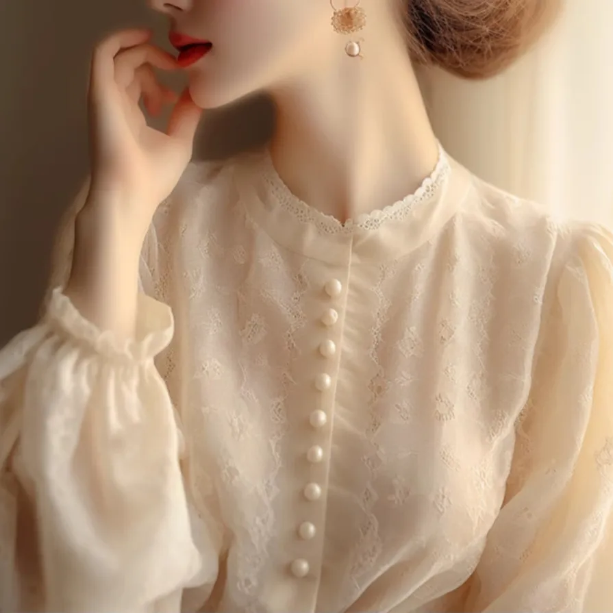 French Long Sleeve Lace Blouse Women - Beige Apricot