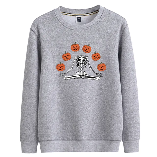 Female Wansheng Pumpkin Skull Printed Crew Neck Sweatshirt Gray - Shop at LoveMi