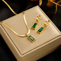 Blade Chain Advanced Sense Of Light Luxury Emerald Zircon Pendant - Necklace And Earrings Suite - View 1