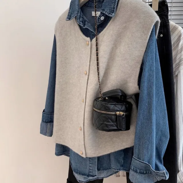 French Retro Small Golden Button Round Neck Knitted Vest For Women Loose Beige - Shop at LoveMi