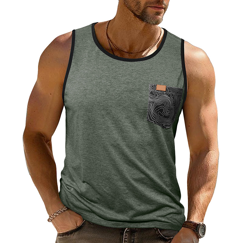 Mens Sleeveless Printed Tank Top Loose-Fit Sports Top With Pockets