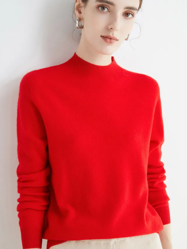 Half High Collar Pure Wool Women's Long Sleeved Knitted Base Sweater Red - Shop at LoveMi