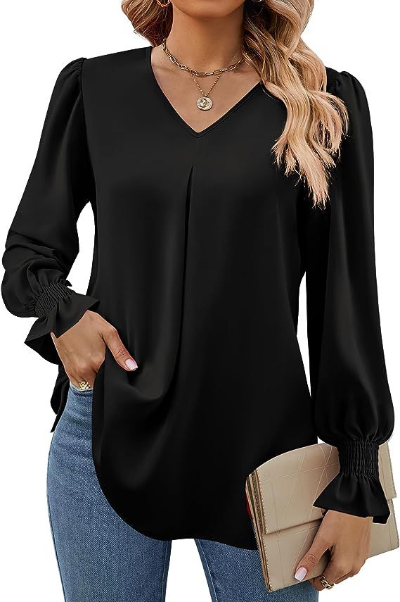Women's Fashion Casual Solid Color Chiffon Shirt V-neck Long Sleeve Top - Image 8