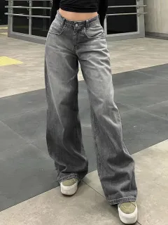 Casual Retro All-matching Wide Leg Denim Trousers - Grey - View 1