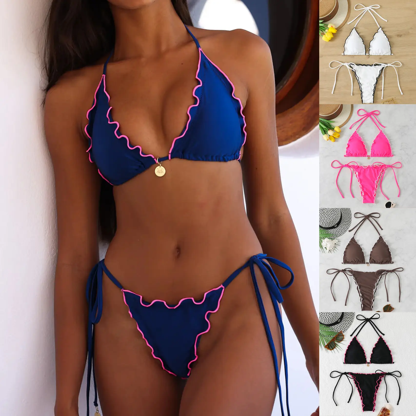 Two-Piece Halter Neck Push-Up Lace Bikini Swimsuit